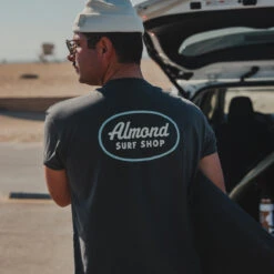 Surf Shop Tee | Faded Black -Almond Surfboards surf shop blk back